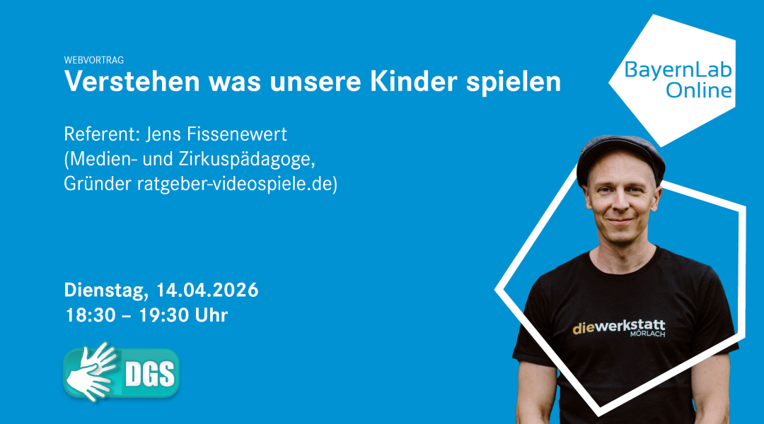 Blaue Grafik mit Informationen in weißer Schrift zum Webvortrag, die Informationen sind auch im Fließtext. Rechts oben in blauer Schrift 